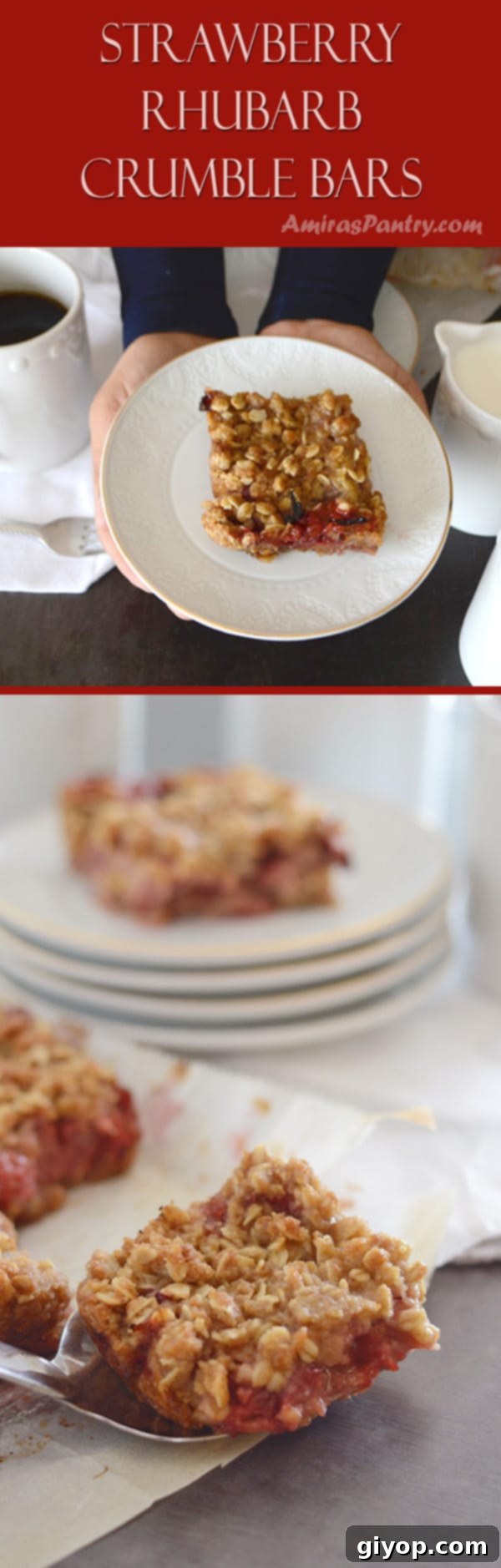 Strawberry Rhubarb Crumble Bliss 8 A plate with crumbled rhubarb bars