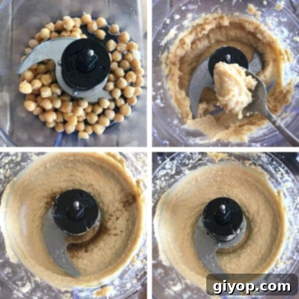 Step-by-step visuals for making creamy homemade hummus, illustrating the ease of preparation.
