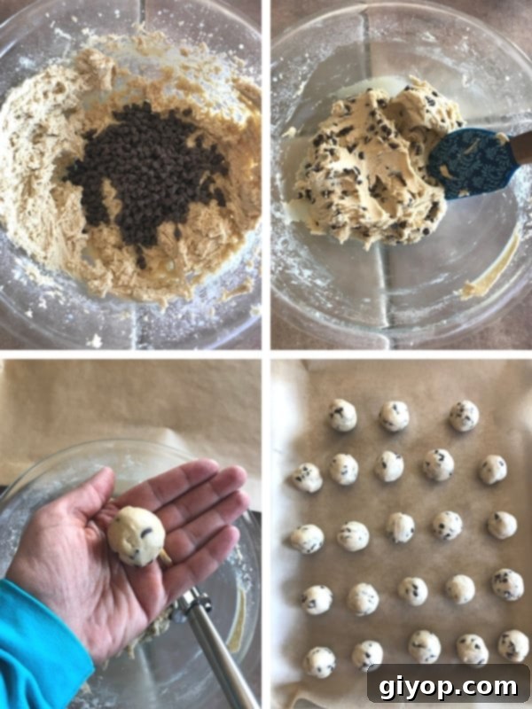 Steps to making chocolate chip cookie dough truffles.
