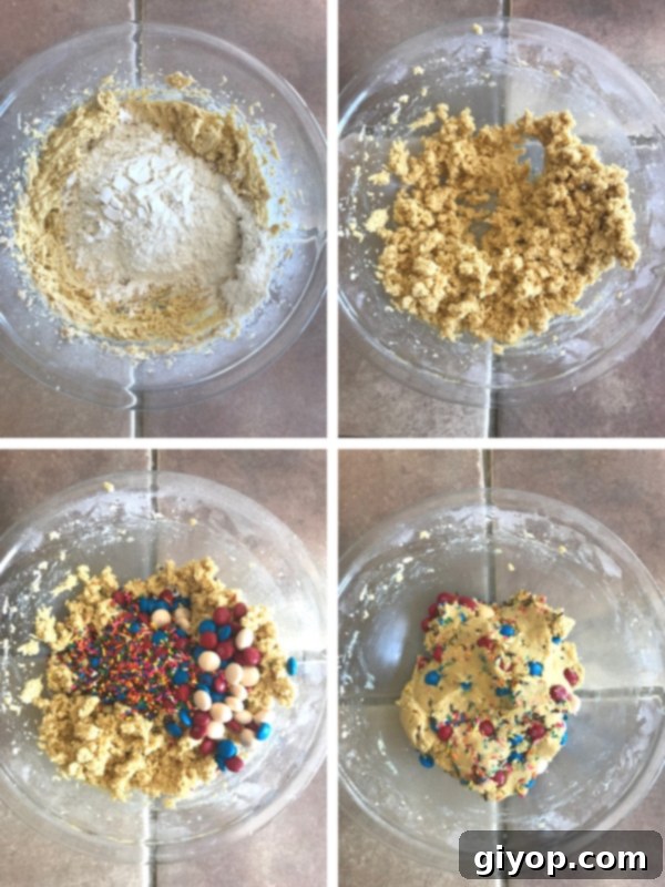 Pudding Burst Cookies 4 Adding dry ingredients, sprinkles, and M&M candies to the cookie dough mixture to make fireworks pudding cookies.