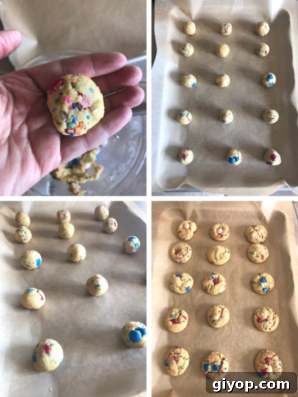 Pudding Burst Cookies 5 Shaping and baking fireworks pudding cookies, with rounded dough balls on a baking sheet before going into the oven.