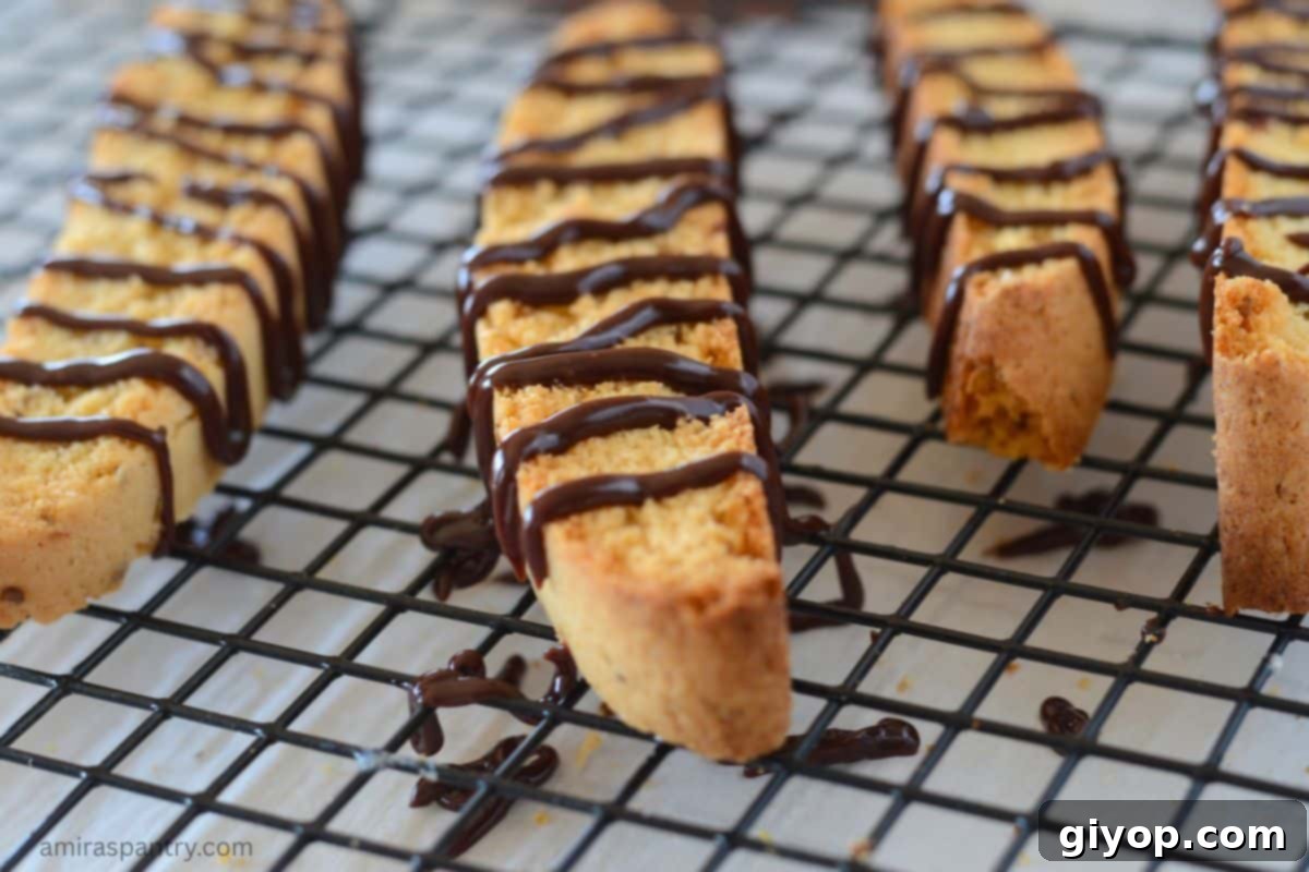 Freshly baked biscotti cooling on a wire rack, with a delicate drizzle of dark chocolate for added elegance and flavor.