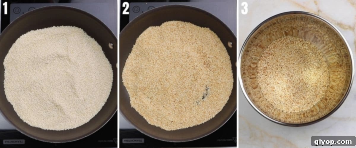 A collage of three images illustrating the meticulous process of toasting sesame seeds to a perfect golden brown in a skillet over medium heat.