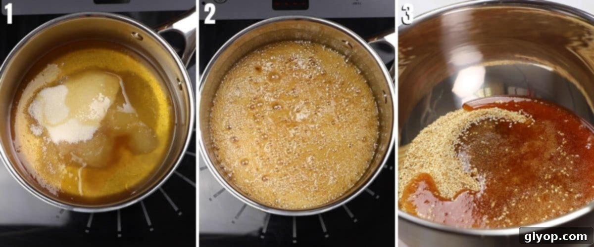 A collage of three images demonstrating the careful steps involved in making the essential honey syrup for sesame bars, showing ingredients simmering gently in a saucepan.