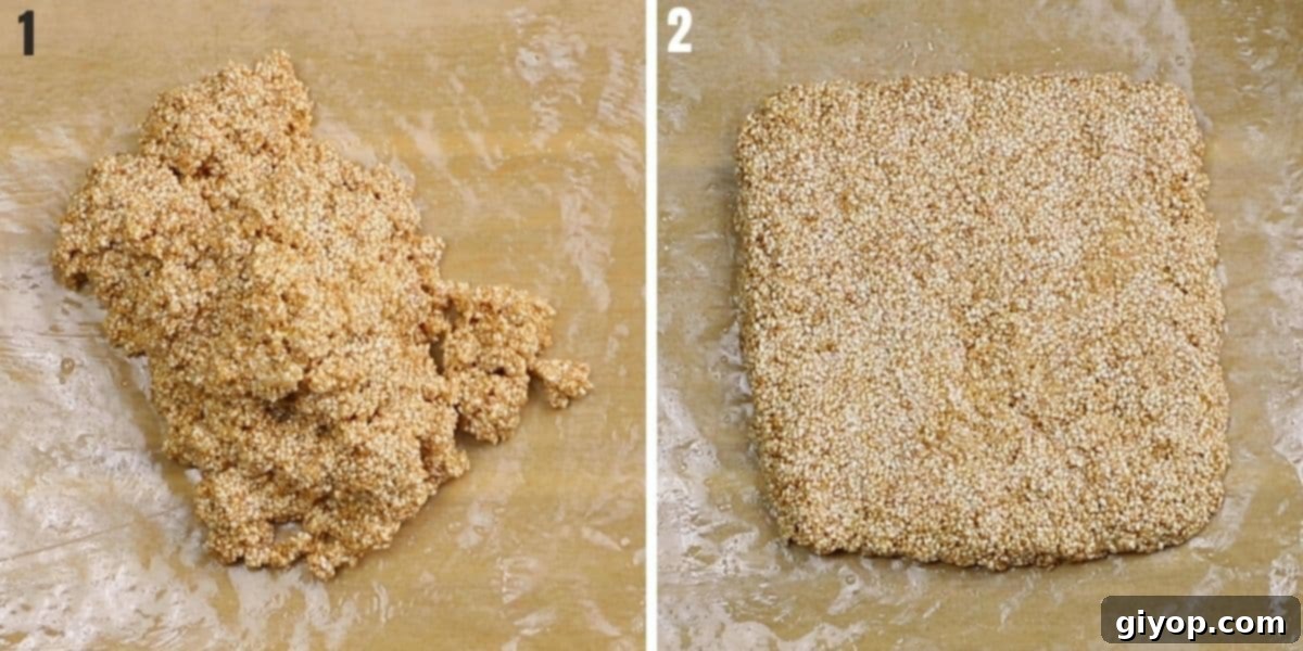 A collage of two images illustrating the crucial process of combining toasted sesame seeds with the warm syrup and expertly shaping the candy mixture into bars.
