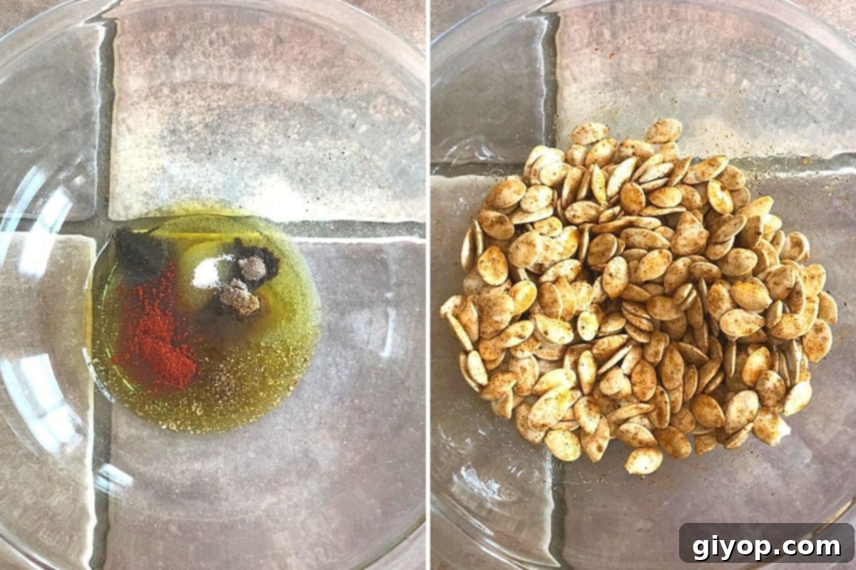 Blazing Pumpkin Seed Crunch 4 A collage of two images showing how to season pumpkin seeds.