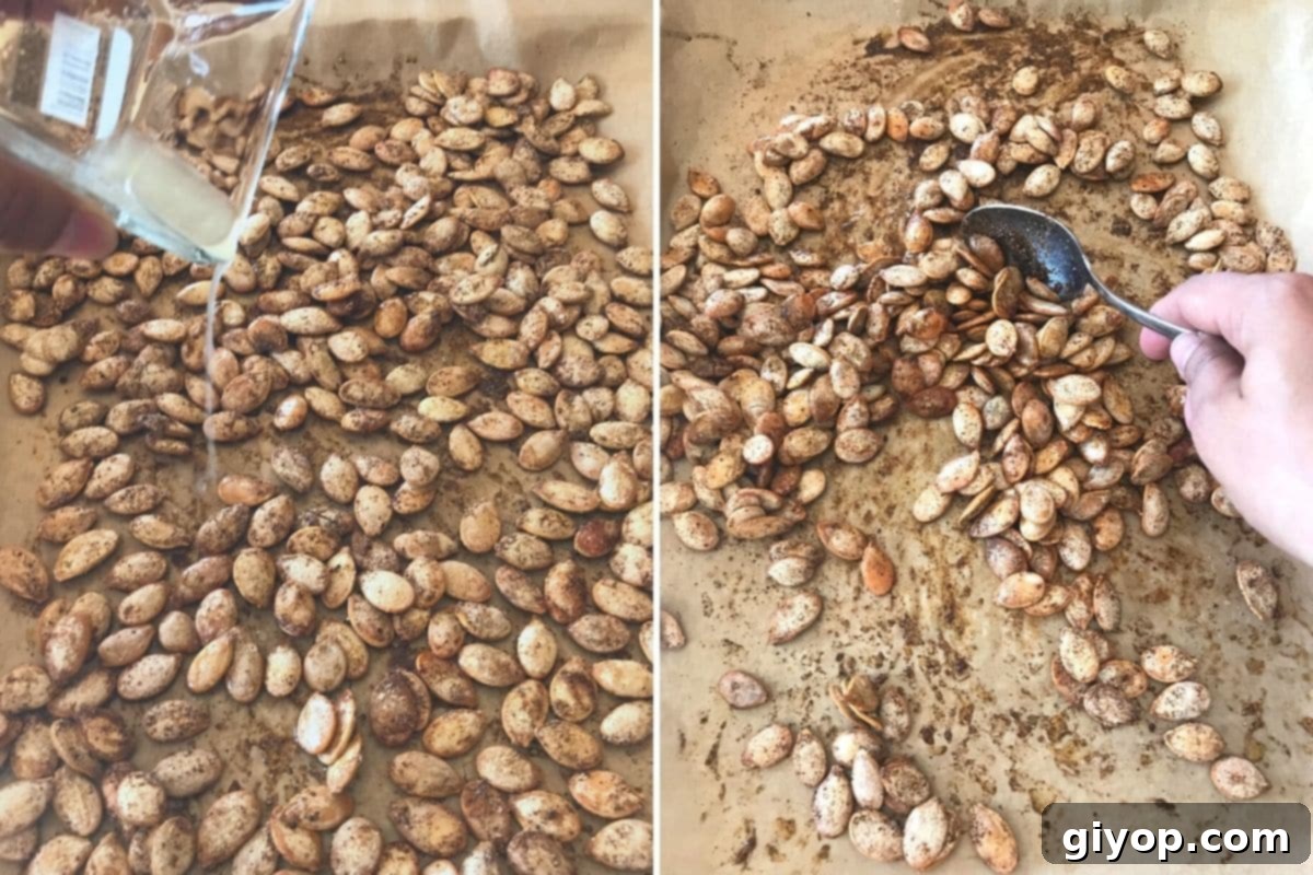 Blazing Pumpkin Seed Crunch 6 A collage of two images showing how to finish off spicy pumpkin seeds.