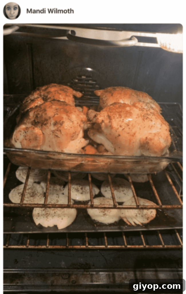 A fan-submitted photo showing a cooked Cornish hen inside an oven, perfectly roasted and golden.