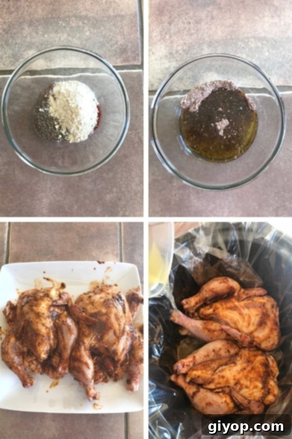 A step-by-step photo collage illustrating the process of preparing and slow-cooking Cornish hens with a flavorful rub.