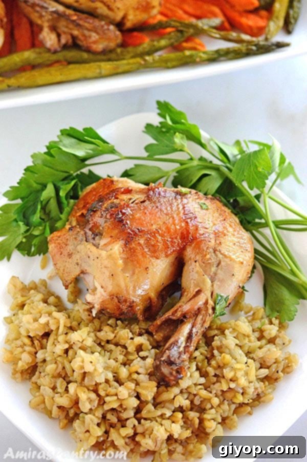 A complete dinner plate showcasing a slow-cooked Cornish hen alongside freekeh pilaf, roasted asparagus, and sweet potato fries.