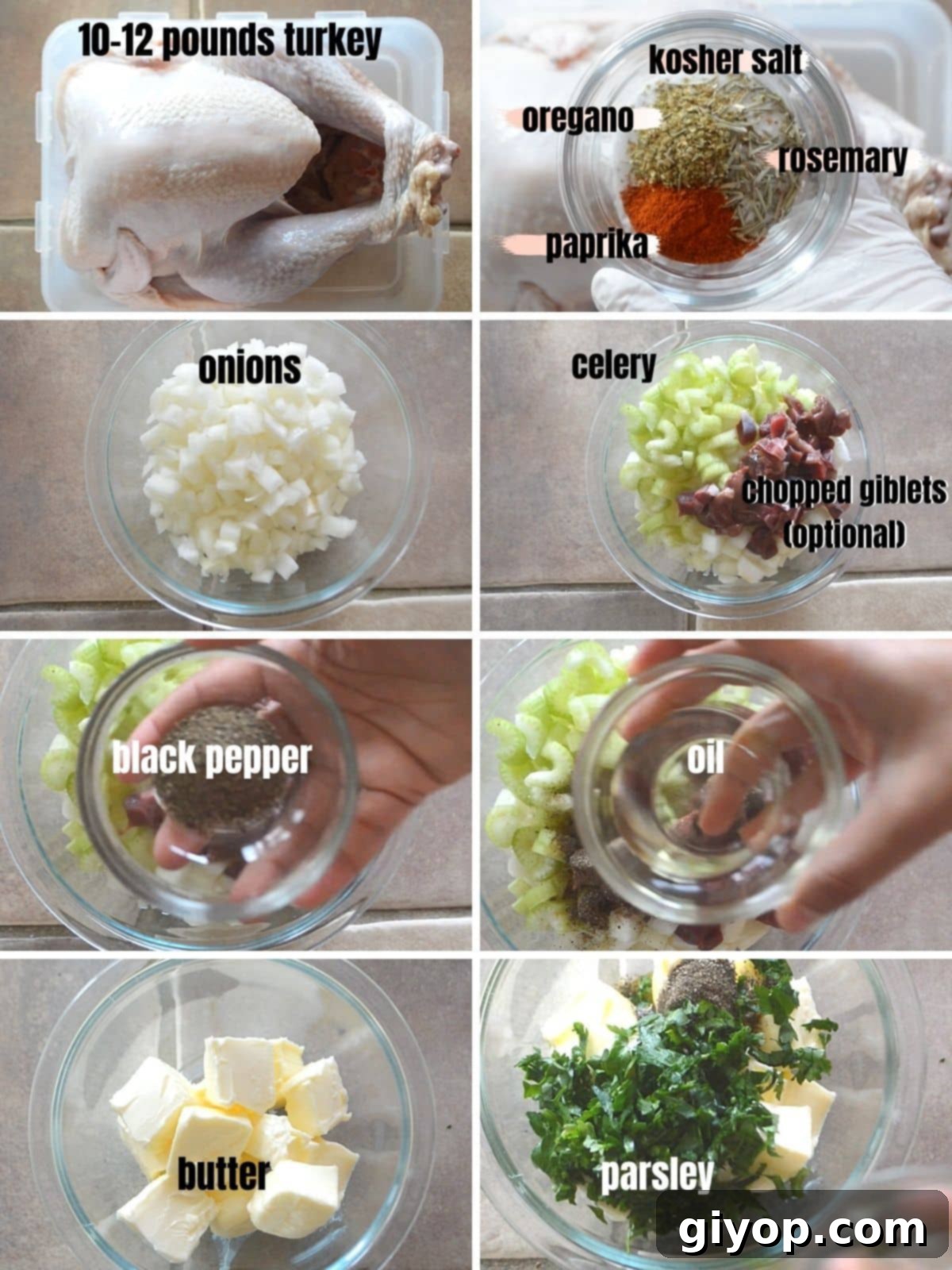 A collage of 8 photos showing Ingredients to make stuffed roasted turkey.