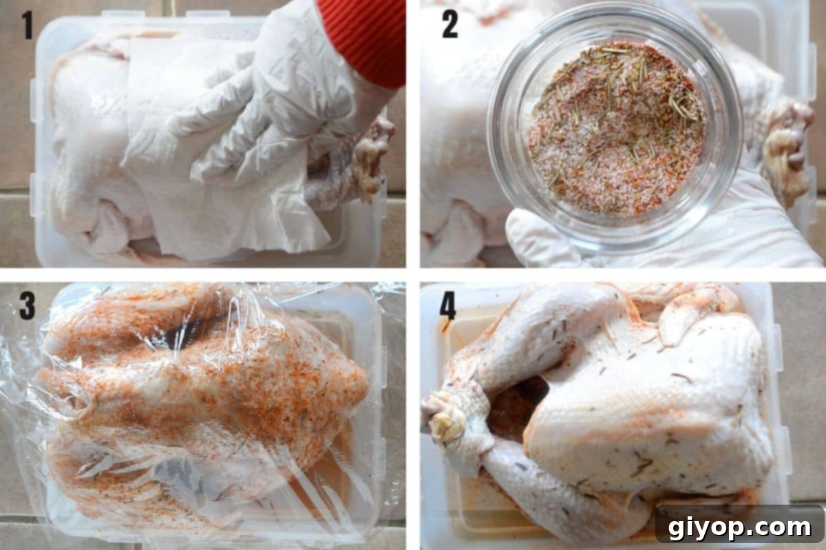 A collage of 4 photos showing how to dry brine a tureky.