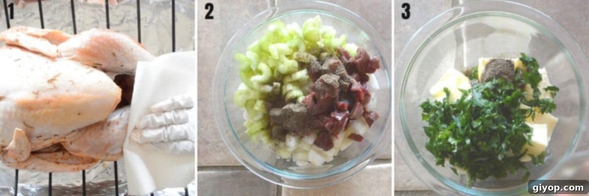 A collage of 3 photoes showing how to prepare the butter rub and the turkey stuffing.