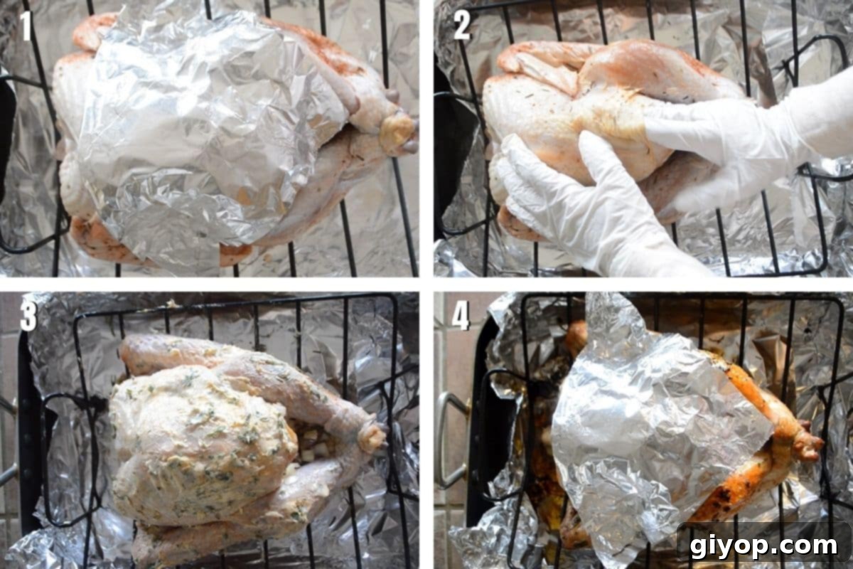 A collage of 4 photoes showing how to roast juicy turkey.