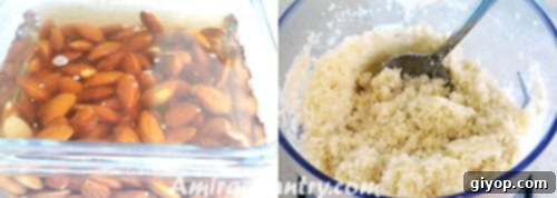 A close-up of prepared ground almond mixture and other ingredients laid out, ready for making Kaber.