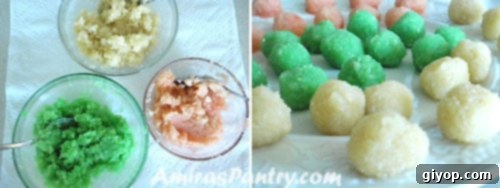 A visual progression showing ground almond mixture alongside small, vibrantly colored almond balls ready to be combined.