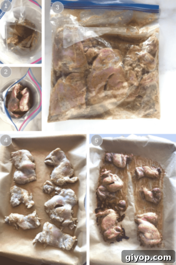 A visual guide showing the initial steps for preparing easy baked lemon pepper chicken, including combining marinade ingredients in a ziplock bag and adding chicken.