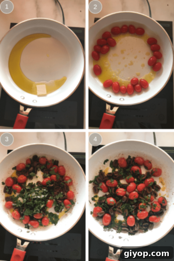 A visual guide displaying the steps for preparing the Kalamata olive and tomato topping for the baked lemon pepper chicken, including sautéing tomatoes and combining with olives and parsley.