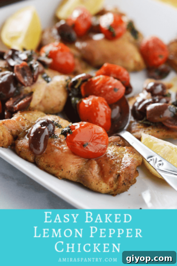 A stunning overhead view of a finished plate of Baked Lemon Pepper Chicken, generously covered with the vibrant Kalamata olive and tomato topping, showcasing a visually appealing and delicious meal.