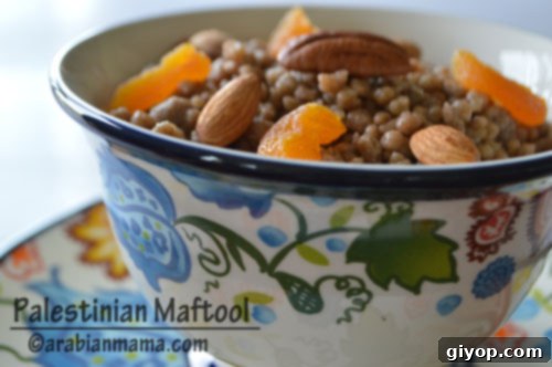 A vibrant bowl of Palestinian Maftoul, seasoned with herbs and nuts, inviting a culinary journey