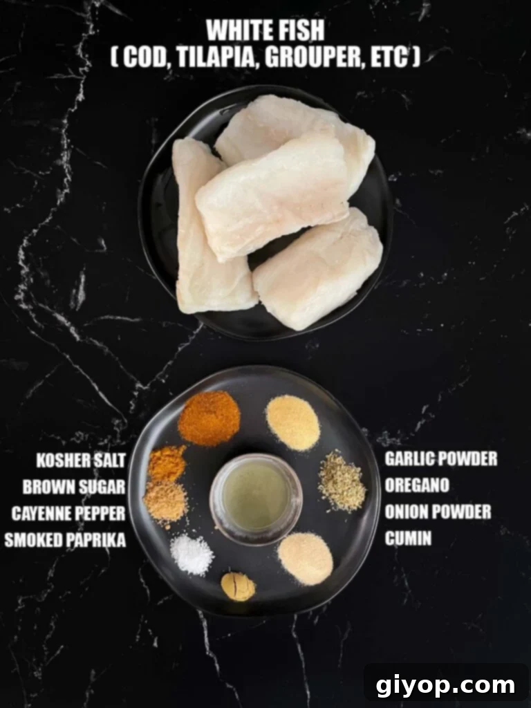 Fiery Blackened Fish Tacos 3 Ingredients for blackened fish tacos, including fish fillets and various spices.