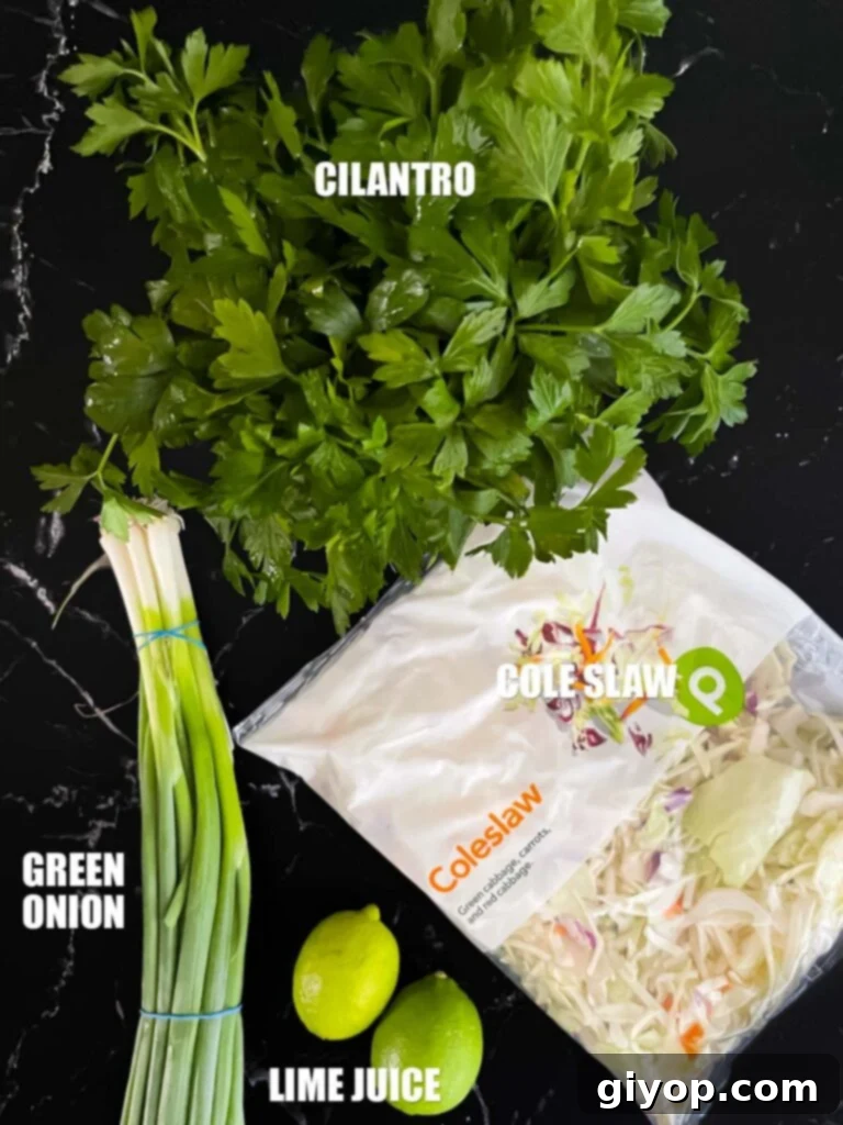 Fiery Blackened Fish Tacos 4 Fresh ingredients for a fish taco slaw, such as cabbage, cilantro, and lime.