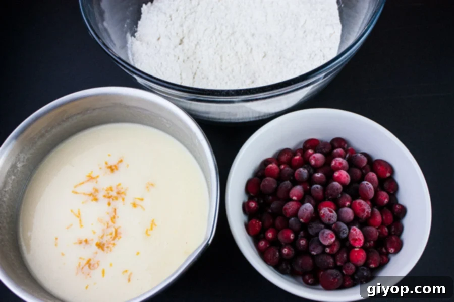 Dry flour mixture in a clear bowl, wet mixture in metal bowl, frozen cranberries in small white bowl.
