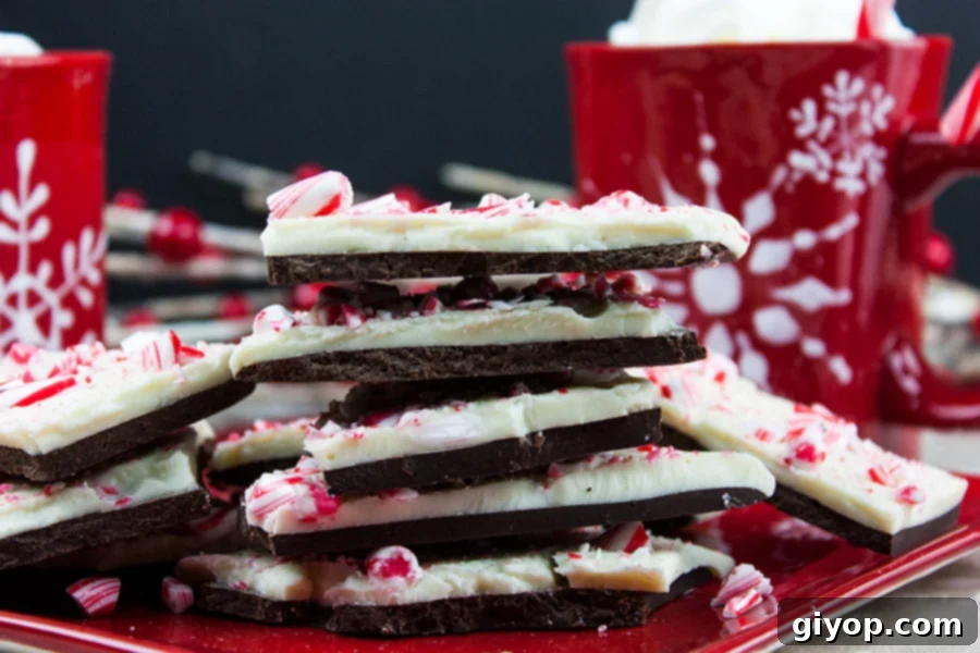 Effortlessly Delicious Homemade Dark Chocolate Peppermint Bark 4 Dark chocolate peppermint bark recipe easy Christmas candy treat dessert.