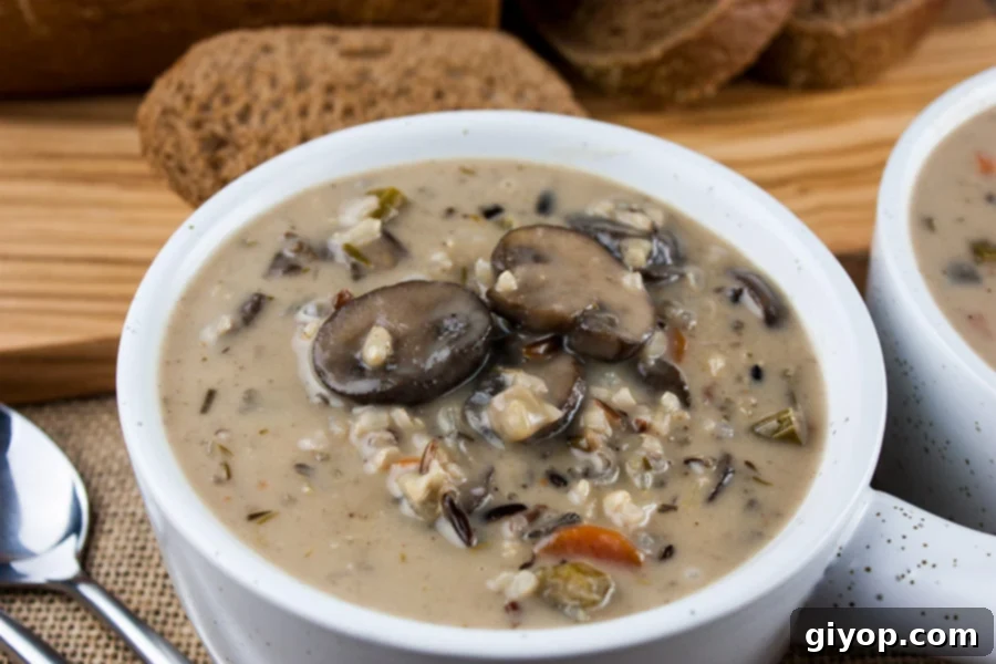 A steaming bowl of creamy wild rice and mushroom soup, garnished with fresh herbs.
