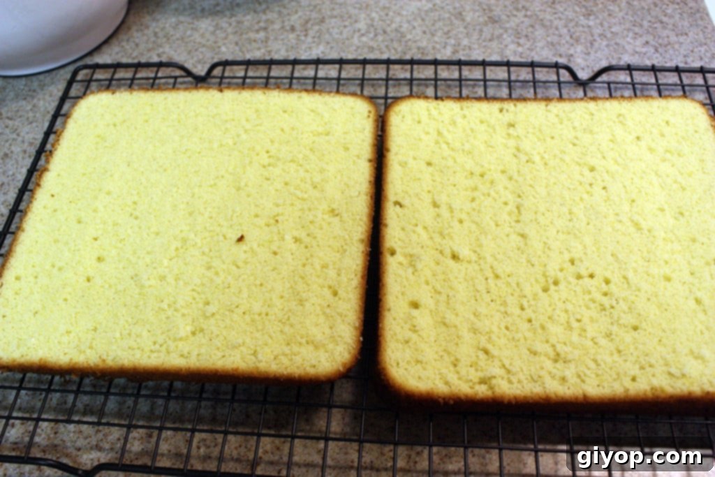 Effortless Tiramisu No Ladyfingers 9 A golden Genoise cake, precisely sliced in half horizontally, resting on a wire rack, ready for the Tiramisu assembly.