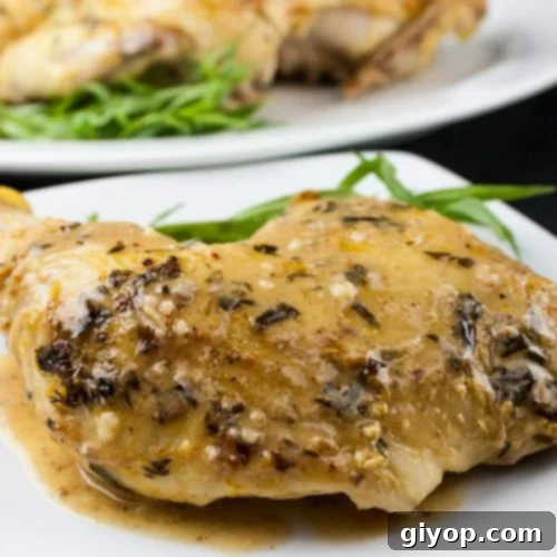 Roasted Chicken with a Dijon Cream Sauce on a white plate.