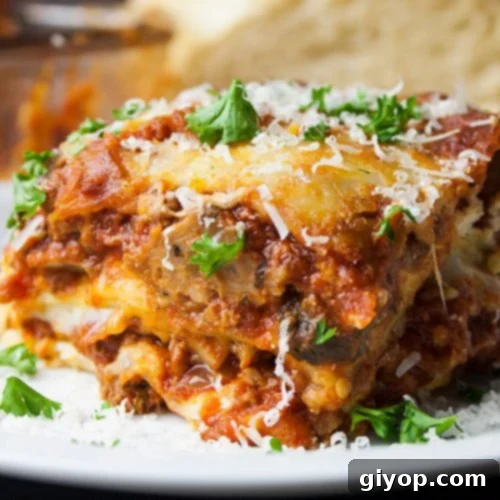 Lasagna on a white plate garnished with parsley and cheese.