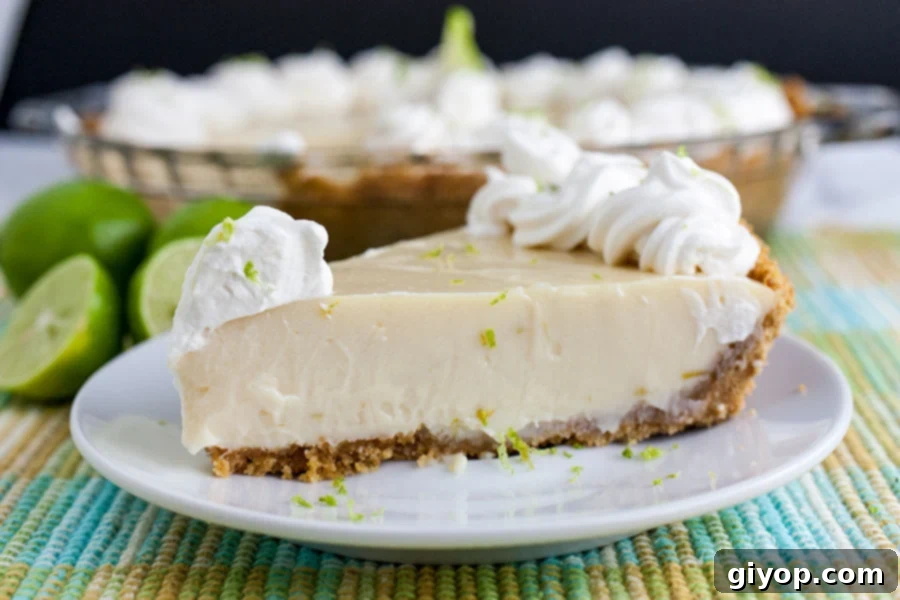 A beautifully presented slice of Key Lime Pie on a light plate, garnished with a swirl of homemade whipped cream and delicate lime zest. The vibrant green of the filling contrasts appealingly with the golden-brown graham cracker crust, evoking a sense of refreshing indulgence.