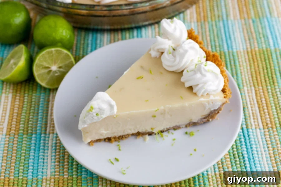 An inviting slice of Key lime pie, perfectly portioned on a light-colored plate and elegantly garnished with a generous dollop of whipped cream and a sprinkle of vibrant lime zest. The creamy texture and zesty appeal are clearly visible.