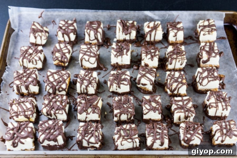 Chocolate Covered Cheesecake Bites - cheesecake squares being drizzled with melted chocolate.