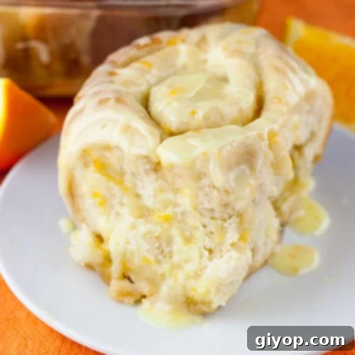 Zesty Orange Swirls, Ready in 60 Minutes 4 A freshly baked orange roll on a white plate, ready to be served.