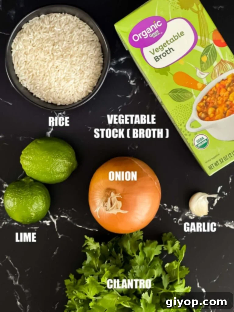 A flat lay of all the fresh ingredients for cilantro lime rice, including rice, limes, cilantro, onion, and garlic, on a dark surface.