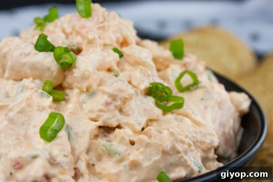 Easy Cold Shrimp Dip - A close up of the dip in a black bowl