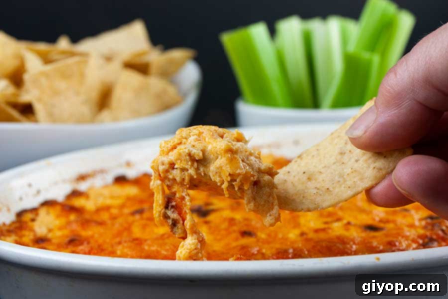 Whip Up The Best Buffalo Chicken Dip 2 Buffalo chicken dip lifted out of the baking dish with a tortilla chip.