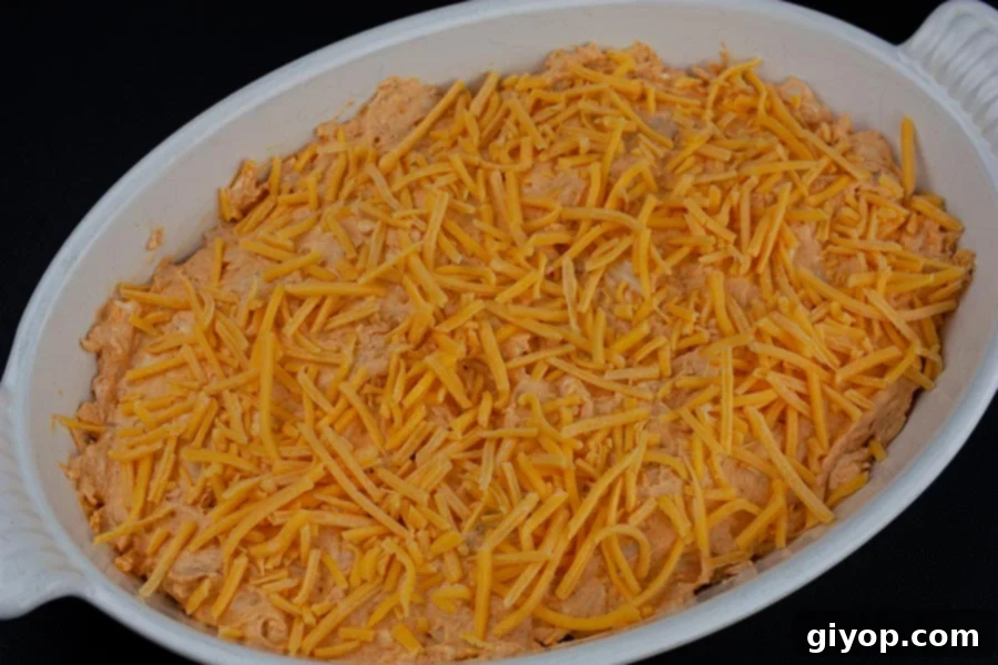 Whip Up The Best Buffalo Chicken Dip 5 Buffalo Chicken Dip - unbaked dip in a white casserole dish topped with cheddar cheese