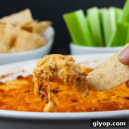 Whip Up The Best Buffalo Chicken Dip 8 Buffalo chicken dip lifted out of the baking dish with a tortilla chip.