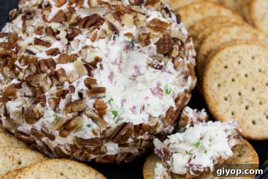 A perfectly formed pecan-crusted cheese ball, ready to be served, surrounded by an assortment of crackers on a elegant platter.