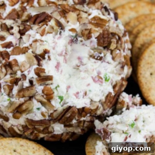 Pecan crusted cheese ball surrounded in crackers.