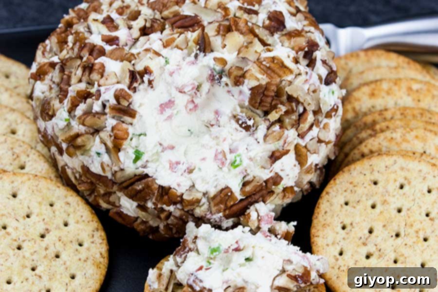 A beautifully presented pecan-crusted cheese ball on a sophisticated black platter, artfully surrounded by a variety of golden wheat crackers, perfect for a party appetizer.