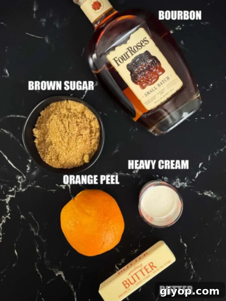 Bourbon Kissed Bread Pudding 4 Ingredients needed to make a bourbon sauce.