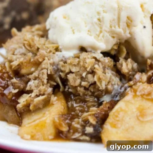 Classic apple crisp with oat topping on a white plate topped with vanilla ice cream.