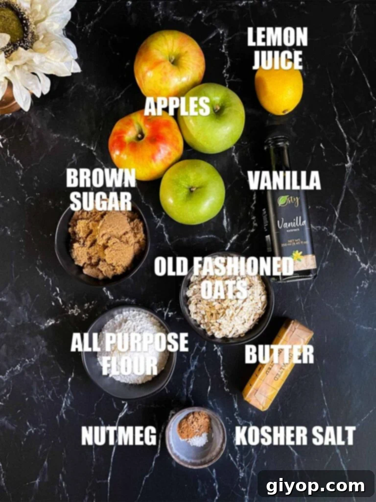 Classic apple crisp recipe ingredients on a dark surface.