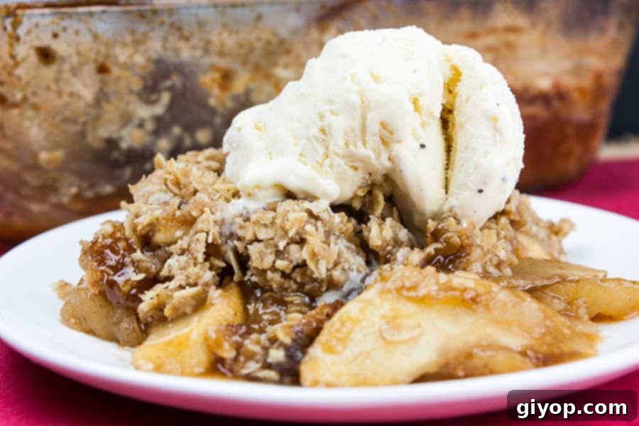 A serving of the classic apple crisp topped with vanilla ice cream on a white plate.