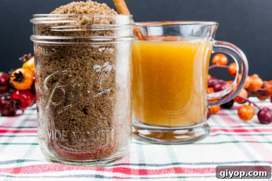 Homestyle Cider Spice Blend 2 Apple cider spice mix in a mason jar with a glass mug of apple cider next to it.