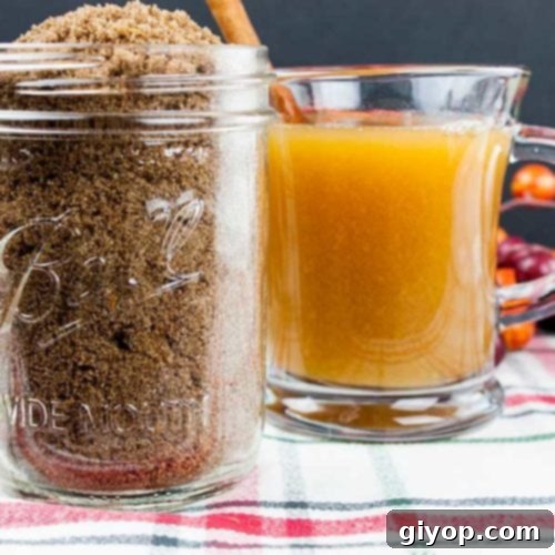 Homestyle Cider Spice Blend 7 Apple cider spice mix in a mason jar with a glass mug of apple cider next to it.